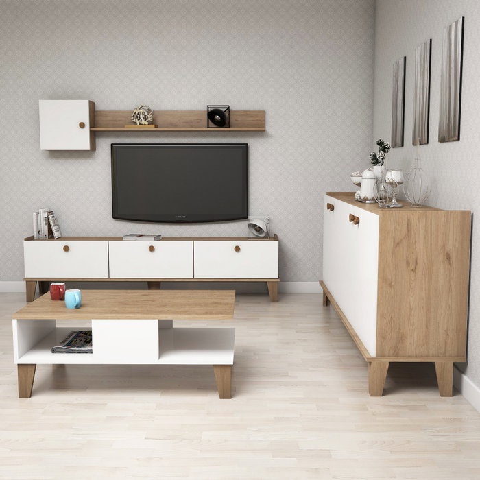 Hanah Home Sumer 3 Conjunto de Muebles de Salón Roble y Blanco